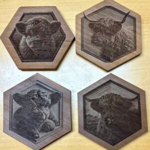 Set of 4 Baby Highland Cow 3d engraved wood coaters