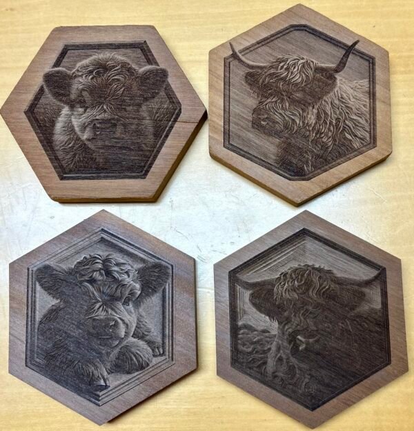 Set of 4 Baby Highland Cow 3d engraved wood coaters