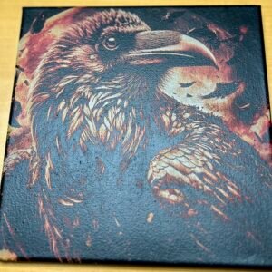 8x8 painted canvas, Laser engraved "Raven"