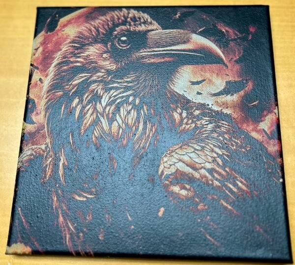 8x8 painted canvas, Laser engraved "Raven"
